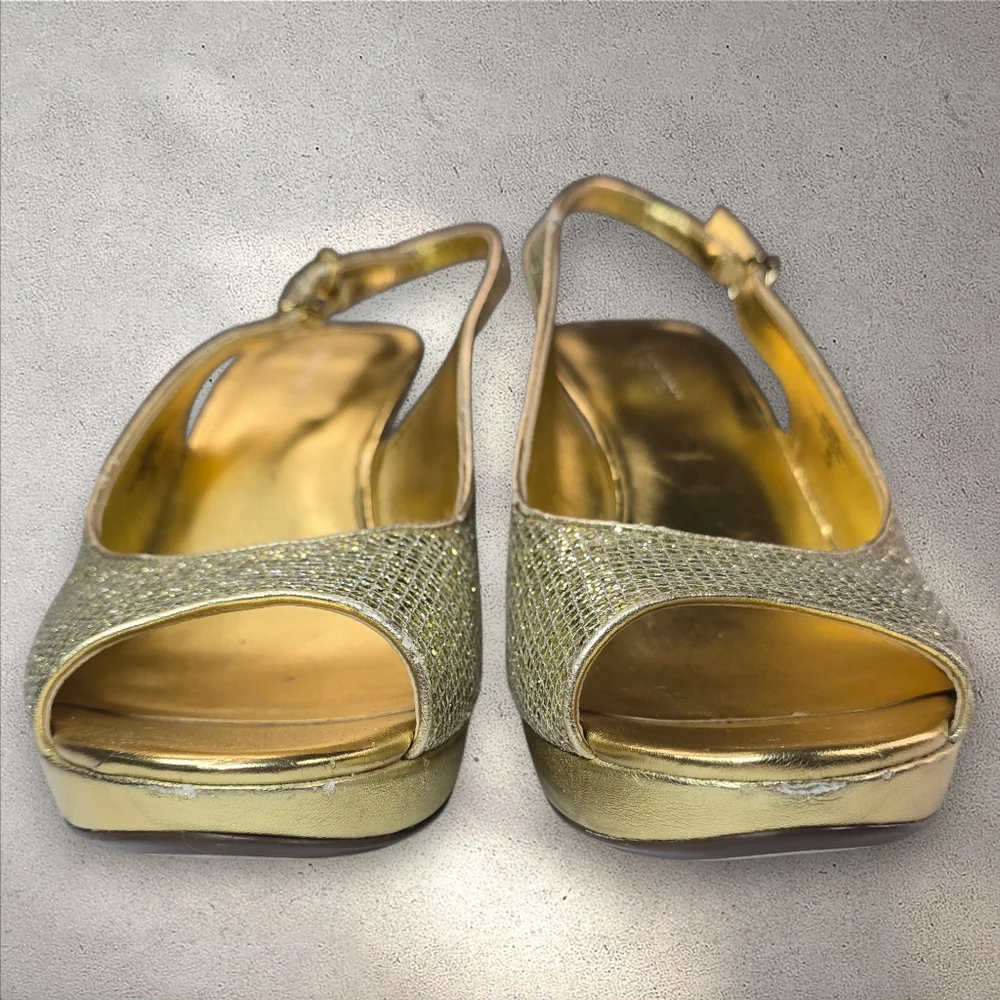 Nine West Gold‎ Metallic Glitter Slingback Heels Size 10